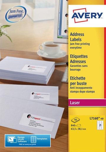 [817250] Etiket Avery L7160-40 63.5x38.1mm wit 840 stuks