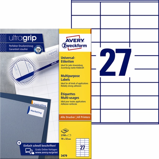 [817280] Etiket Avery Zweckform 3479 70x32mm wit 2700stuks