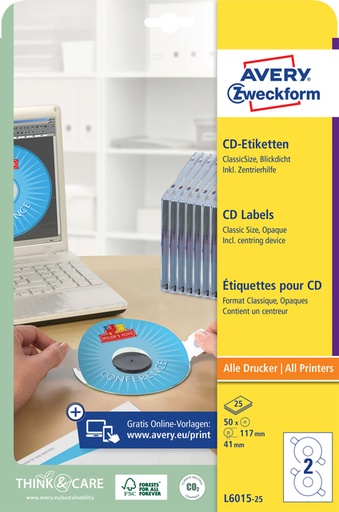 [817291] Etiket Avery  Zweckform L6015-25 CD wit 50 etiketten