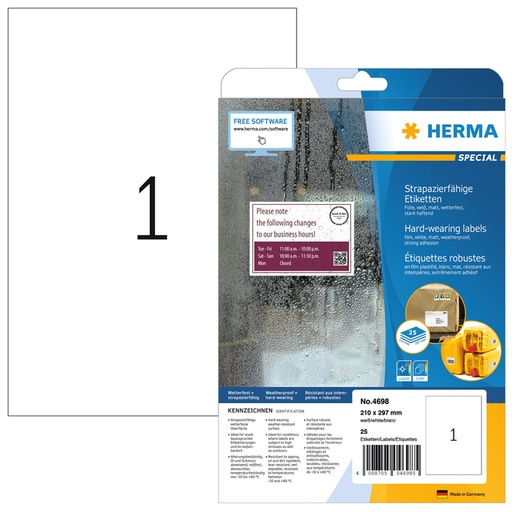 [817295] Etiket HERMA 4698 210x297mm weerbestendig wit 25stuks