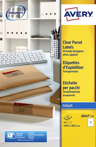 [817391] Etiket Avery J8567-25 210x297mm A4 transparant 25 stuks