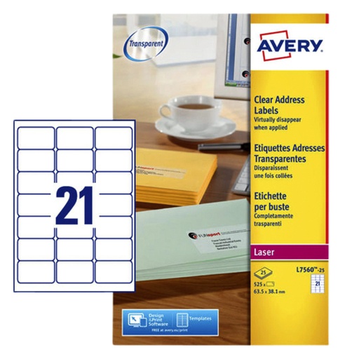 [817458] Etiket Avery L7560-25 63.5x38.1mm transparant 525stuks