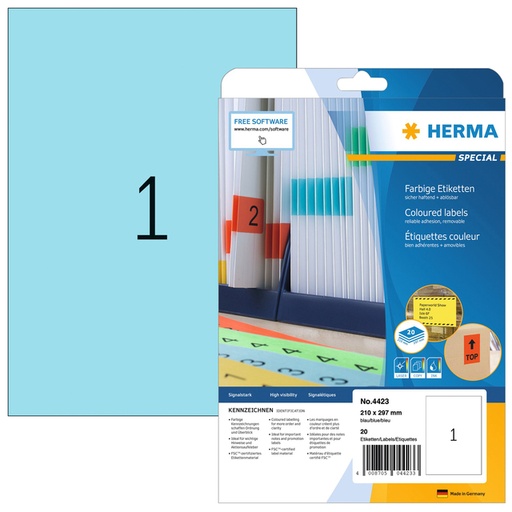 [817463] Etiket HERMA 4423 210x297mm A4 verwijderbaar blauw 20stuks