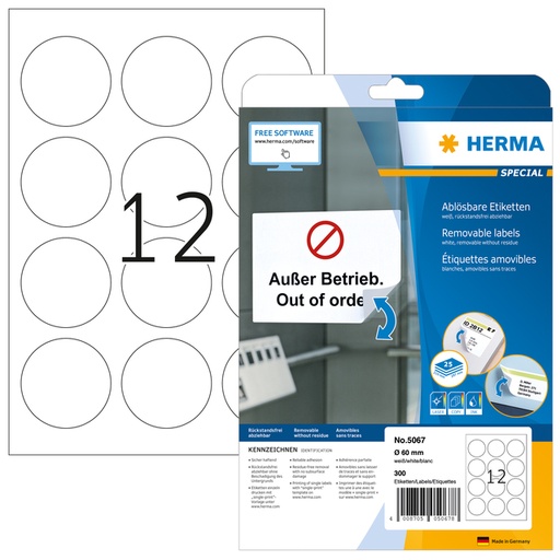 [817483] Etiket HERMA 5067 60mm verwijderbaar wit 300 etiketten