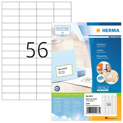 [817493] Etiket HERMA 4273 52.5x21.2mm premium wit 5600stuks