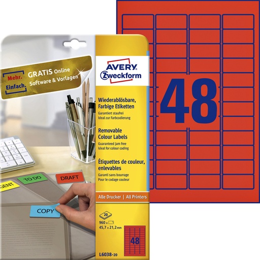 [817510] Etiket Avery Zweckform L6038-20 45.7x21.2mm rood 960stuks