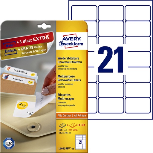 [817512] Etiket Avery Zweckform L6023REV-25 63.5x38.1mm afneembaar wit 525stuks