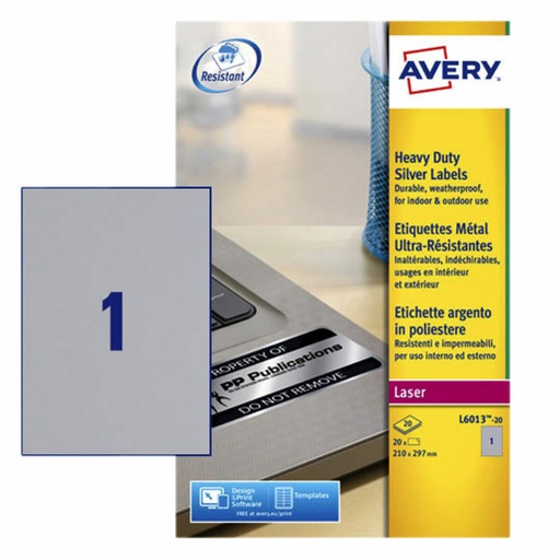 [817514] Etiket Avery L6013-20 210x297mm zilver 20stuks