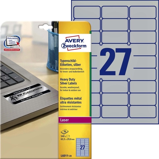 [817516] Etiket Avery L6011-20 63.5x29.6mm zilver 540 stuks