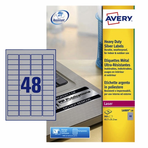 [817517] Etiket Avery L6009-20 45.7x21.2mm zilver 960stuks