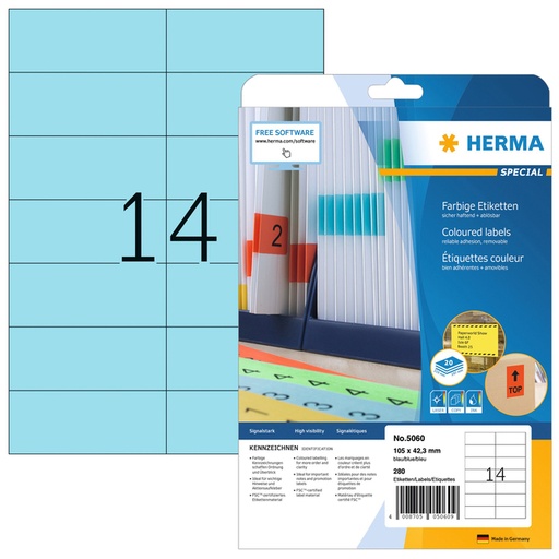 [817523] Etiket HERMA 5060 105x42.3mm verwijderbaar blauw 280stuks