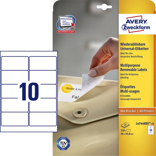 [817536] Etiket Avery Zweckform L4744REV-25 96x50.8mm afneembaar wit 250stuks