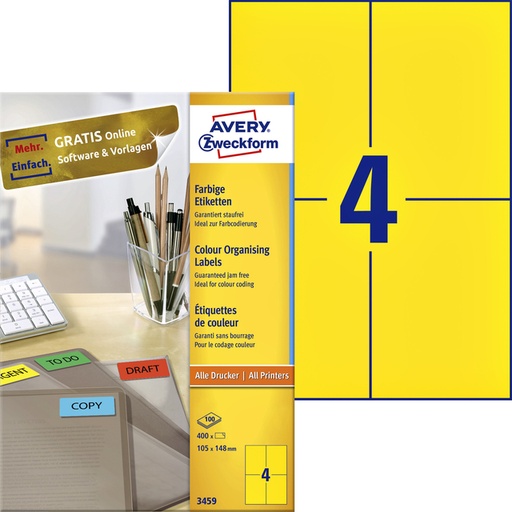 [817540] Etiket Avery Zweckform 3459 105x148mm A6 geel 400stuks