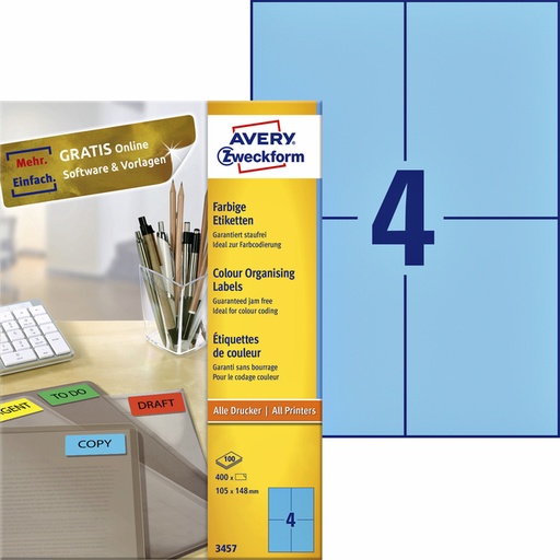 [817542] Etiket Avery Zweckform 3457 105x148mm A6 blauw 400stuks