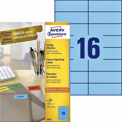 [817547] Etiket Avery Zweckform 3453 105x37mm blauw 1600stuks