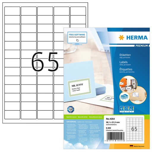[817551] Etiket HERMA 4254 38.1x21.2mm premium wit 6500stuks