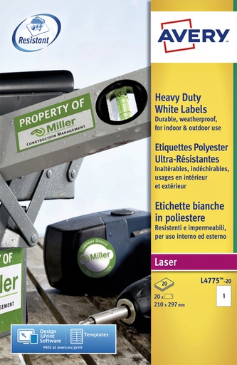 [817555] Etiket Avery L4775-20 210x297mm polyester wit 20stuks