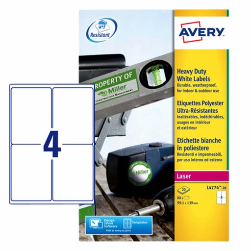 [817556] Etiket Avery L4774-20 99.1x139mm polyester wit 80stuks
