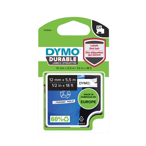 [817588] Labeltape Dymo LabelManager D1 polyester 12mm duurzaam zwart op wit