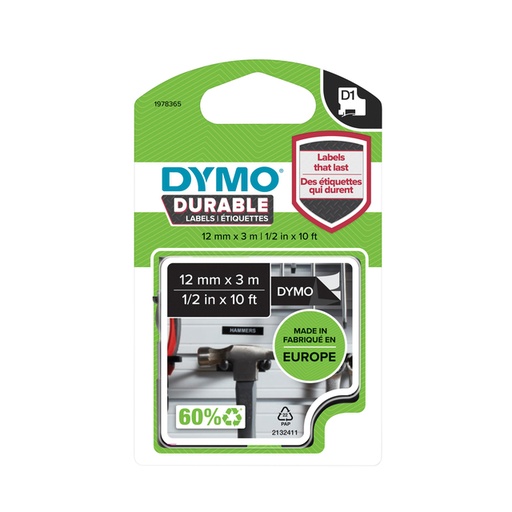 [817589] Labeltape Dymo LabelManager D1 polyester 12mm wit op zwart