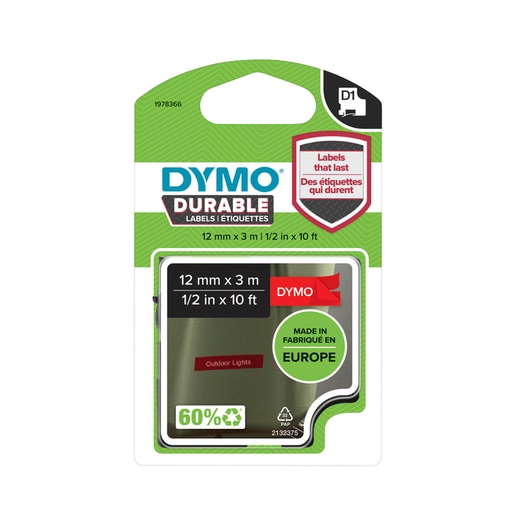[817597] Labeltape Dymo LabelManager D1 polyester 12mm wit op rood