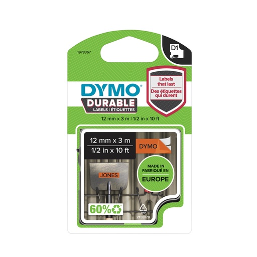 [817598] Labeltape Dymo LabelManager D1 polyester 12mm zwart op oranje