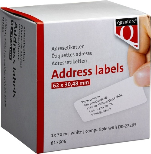 [817606] Labeletiket Quantore DK-22205 doorlopend 62mm 1 rol á 30m wit