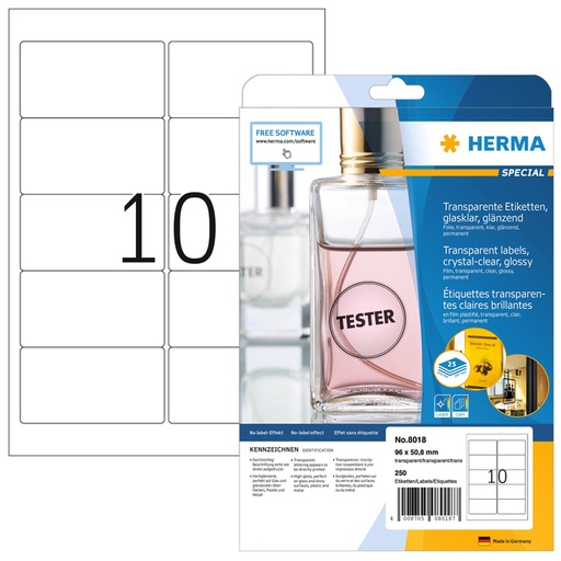[817612] Etiket HERMA 8018 96x50.8mm transparant 250 etiketten