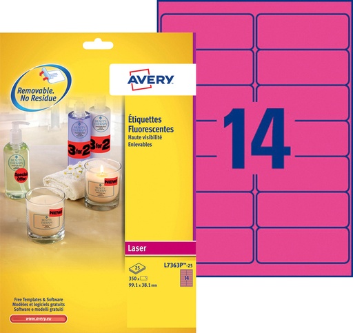 [817690] Etiket Avery L7363P-25 99.1x38.1mm neon roze 340stuks