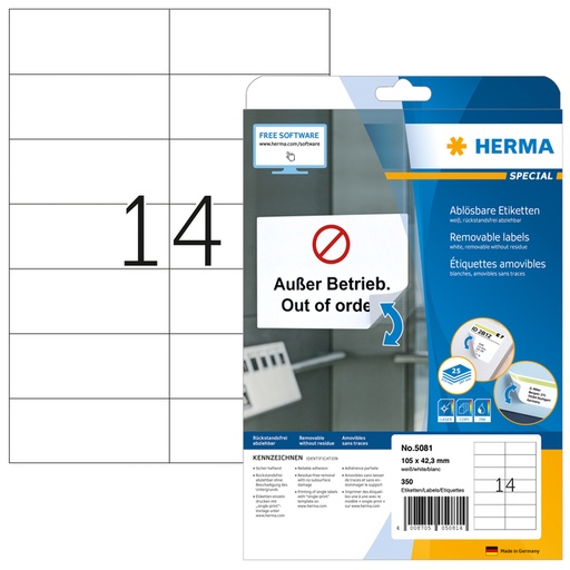 [817724] Etiket HERMA 5081 105x42.3mm verwijderbaar wit 350 etiketten