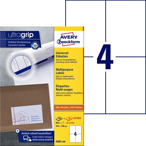 [817762] Etiket Avery Zweckform 3483-200 105x148mm A6 wit 800stuks