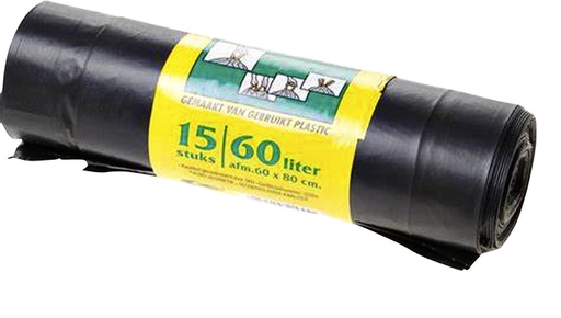 [892008] Vuilniszak Komo 60 liter met trekband zwart rol à 15 stuks