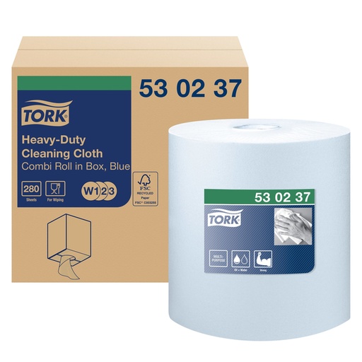 [892228] Reinigingsdoek Tork W1-W2-W3 Premium Heavy-Duty 1-laags 280 vel blauw 530237