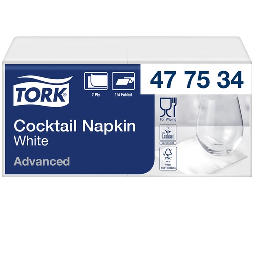 [892251] Cocktailservet Tork Advanced 1/4 vouw 2-laags 238x238mm 200 vel wit 477534