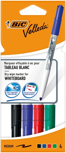 [920274] Whiteboardmarker Bic Velleda 1744 rond medium assorti kartonnen etui à 4 stuks