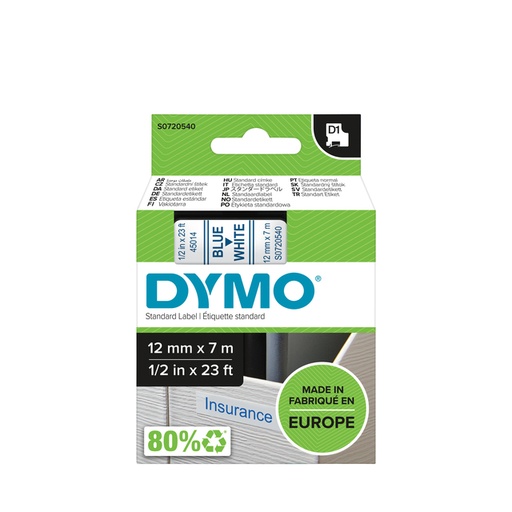 [930219] Labeltape Dymo LabelManager D1 polyester 12mm blauw op wit