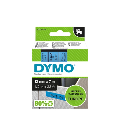 [930221] Labeltape Dymo LabelManager D1 polyester 12mm zwart op blauw