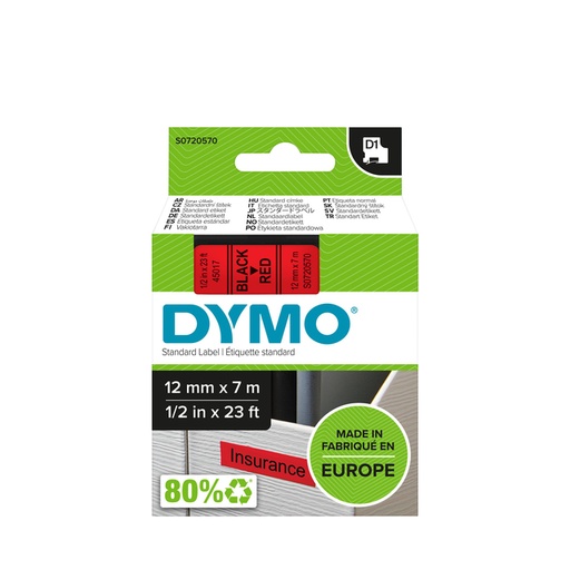 [930222] Labeltape Dymo LabelManager D1 polyester 12mm zwart op rood