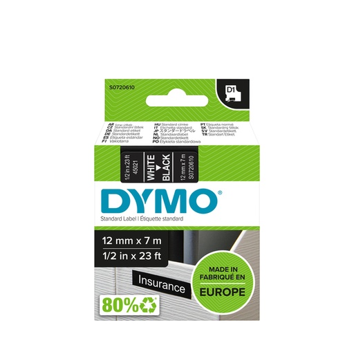 [930225] Labeltape Dymo LabelManager D1 polyester 12mmx7m wit op zwart
