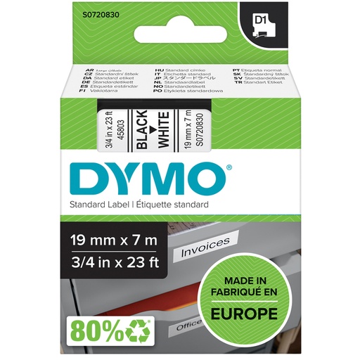 [930235] Labeltape Dymo LabelManager D1 polyester 19mm zwart op wit