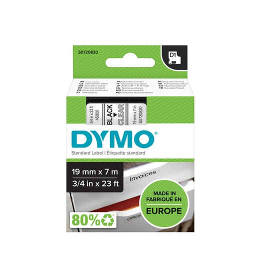 [930237] Labeltape Dymo LabelManager D1 polyester 19mm zwart op transparant