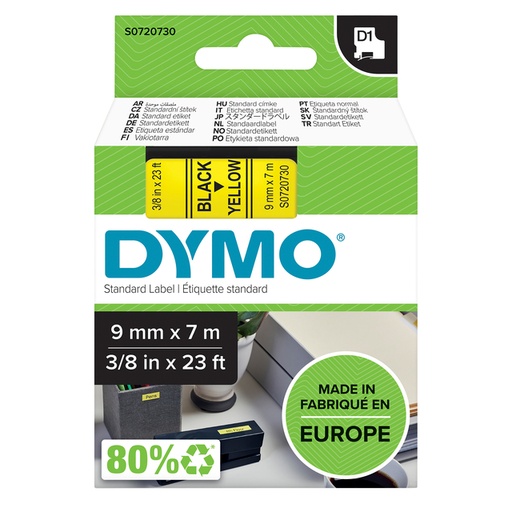 [930351] Labeltape Dymo LabelManager D1 polyester 9mm zwart op geel