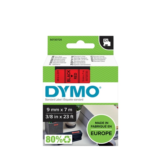[930544] Labeltape Dymo LabelManager D1 polyester 9mm zwart op rood