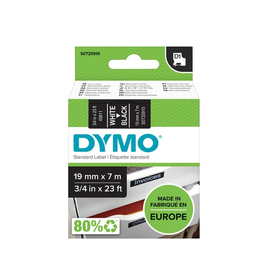 [930551] Labeltape Dymo LabelManager D1 polyester 19mm wit op zwart