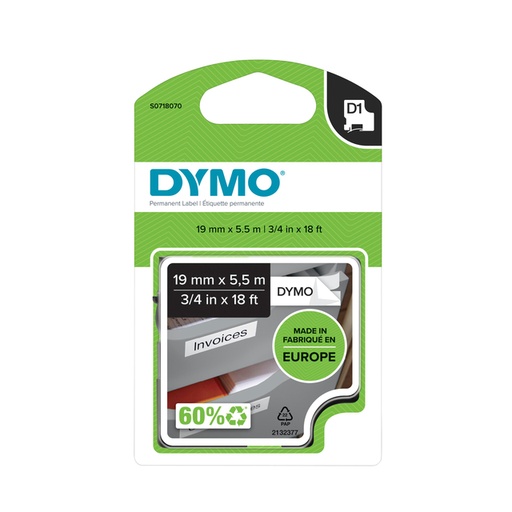 [930558] Labeltape Dymo LabelManager D1 polyester 19mm zwart op wit