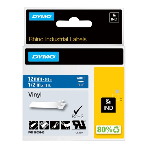 [930874] Labeltape Dymo Rhino industrieel vinyl 12mm wit op blauw
