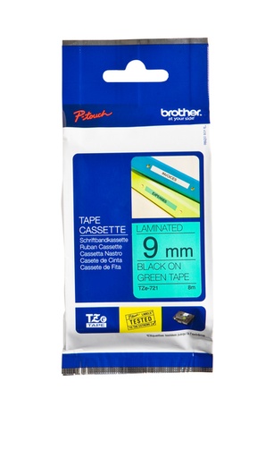 [930988] Labeltape Brother P-touch TZe-721 standaard 9mm zwart op groen
