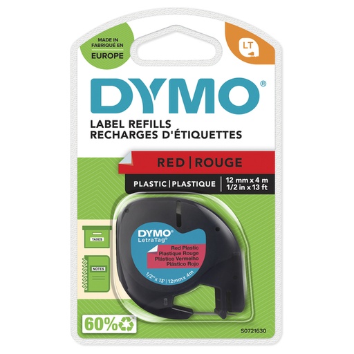 [931172] Labeltape Dymo LetraTag plastic 12mm zwart op rood