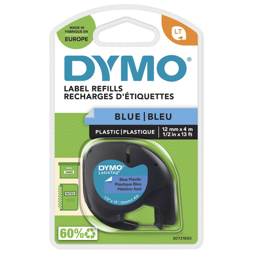 [931173] Labeltape Dymo LetraTag plastic 12mm zwart op blauw