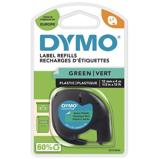 [931174] Labeltape Dymo LetraTag plastic 12mm zwart op groen